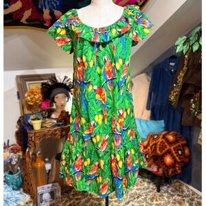 Hilo Hattie Made in Hawaii Cotton Bird Parrot Print Ruffle Mini Dress Large